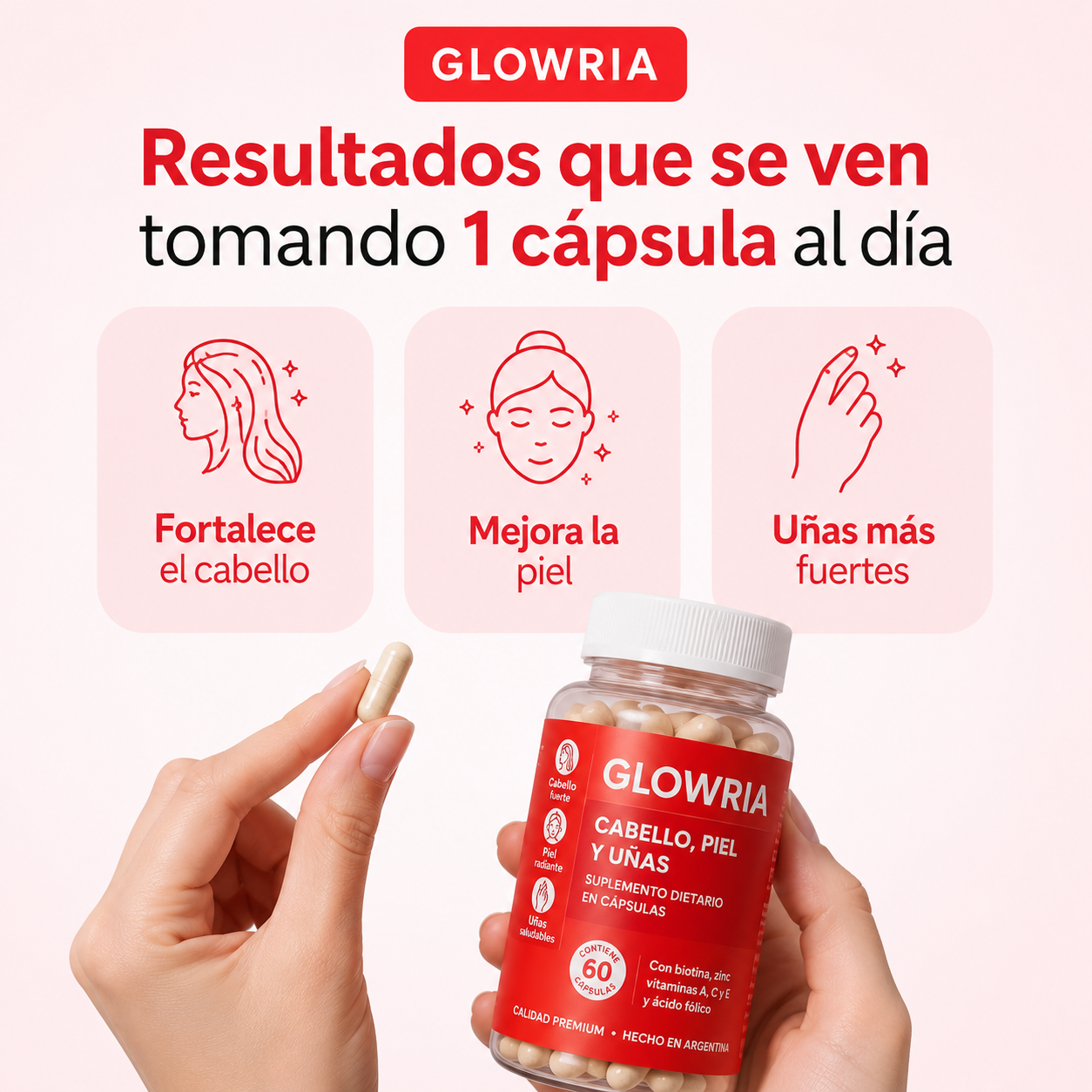 Cápsulas Glowria – Cabello Fuerte, Piel Radiante y Uñas Firmes